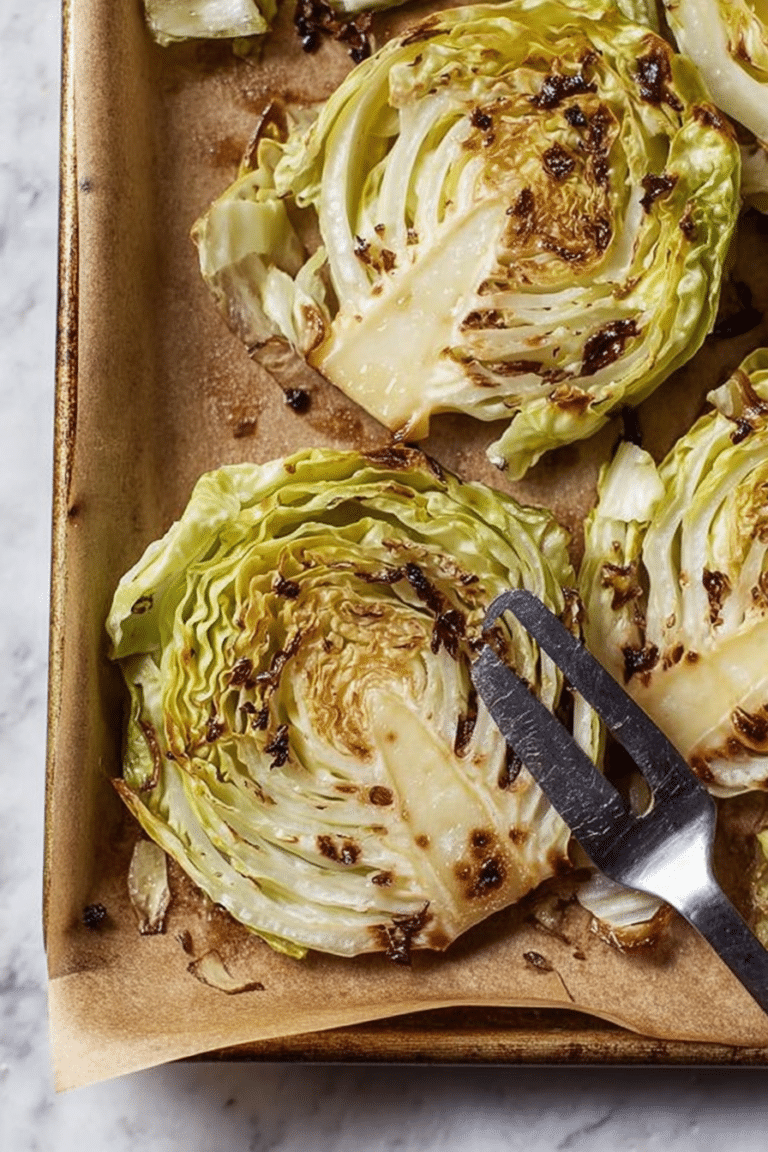 Roasted cabbage steak served with lemon wedges, showcasing its golden-brown color and healthy appeal.
