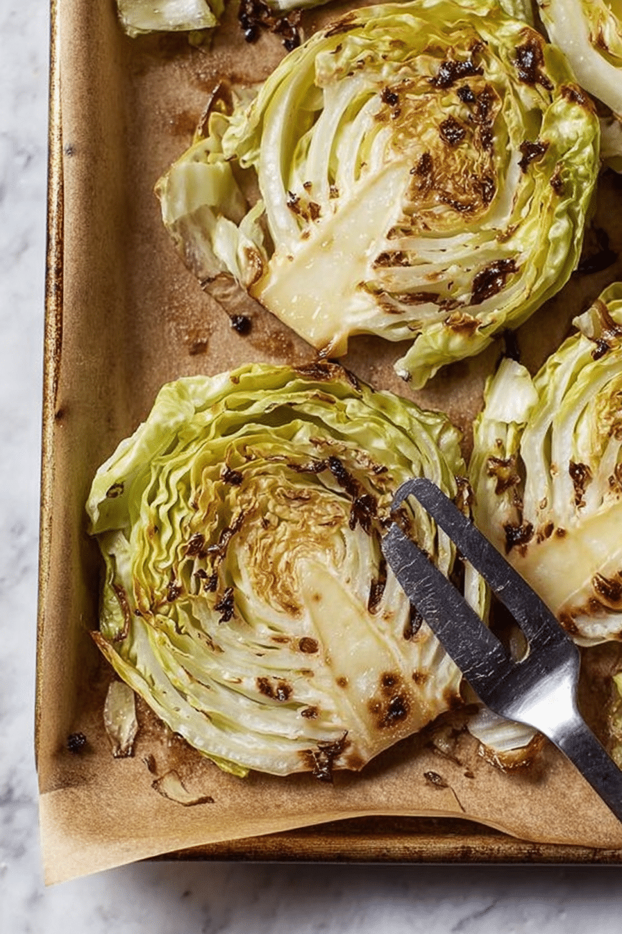 Roasted cabbage steak served with lemon wedges, showcasing its golden-brown color and healthy appeal.