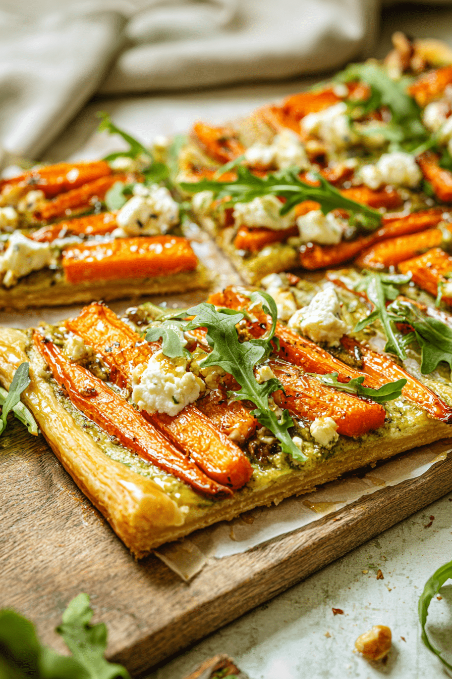 Roasted carrot puff pastry tart with herbed goat cheese, arugula, and hot honey on a wooden table.