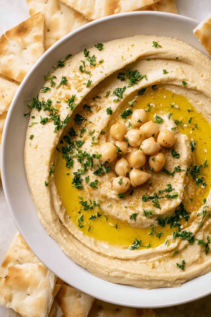 Roasted garlic hummus garnished with olive oil, chickpeas, and parsley, served with pita on a rustic wooden table.