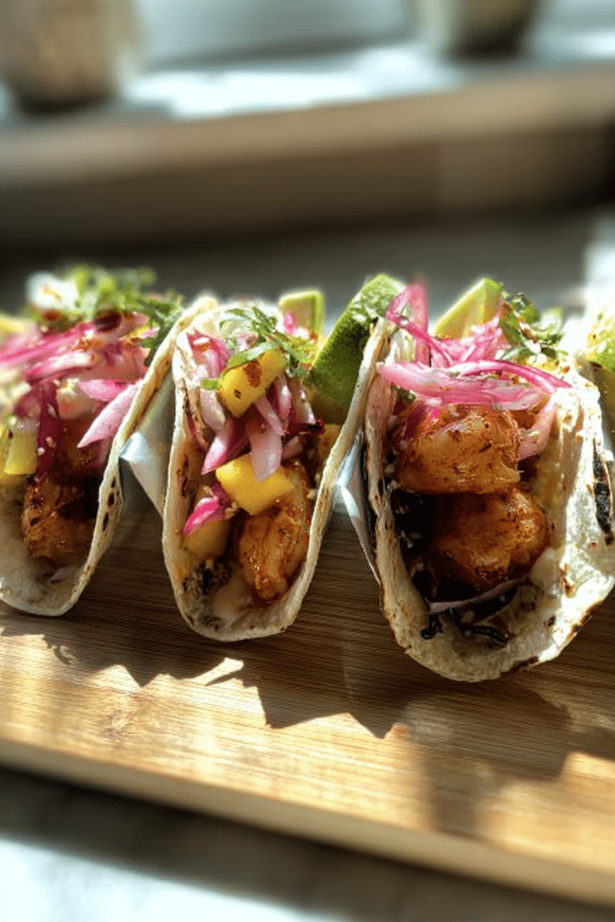 Delicious saucy hot honey shrimp tacos with mango slaw and avocado served on a rustic table.