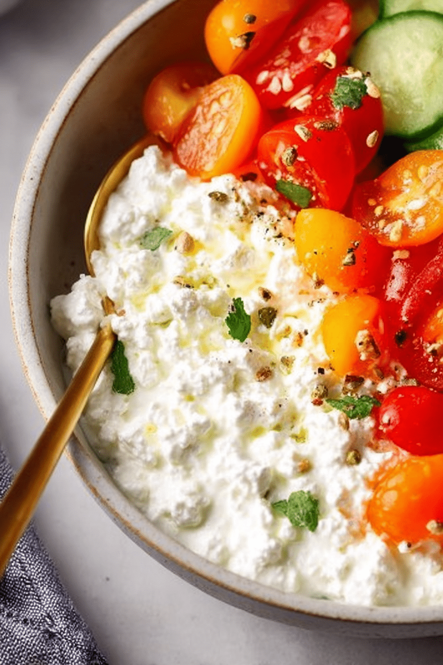 Savory cottage cheese bowl with cucumbers, bell peppers, grape tomatoes, and pistachios on a wooden table.