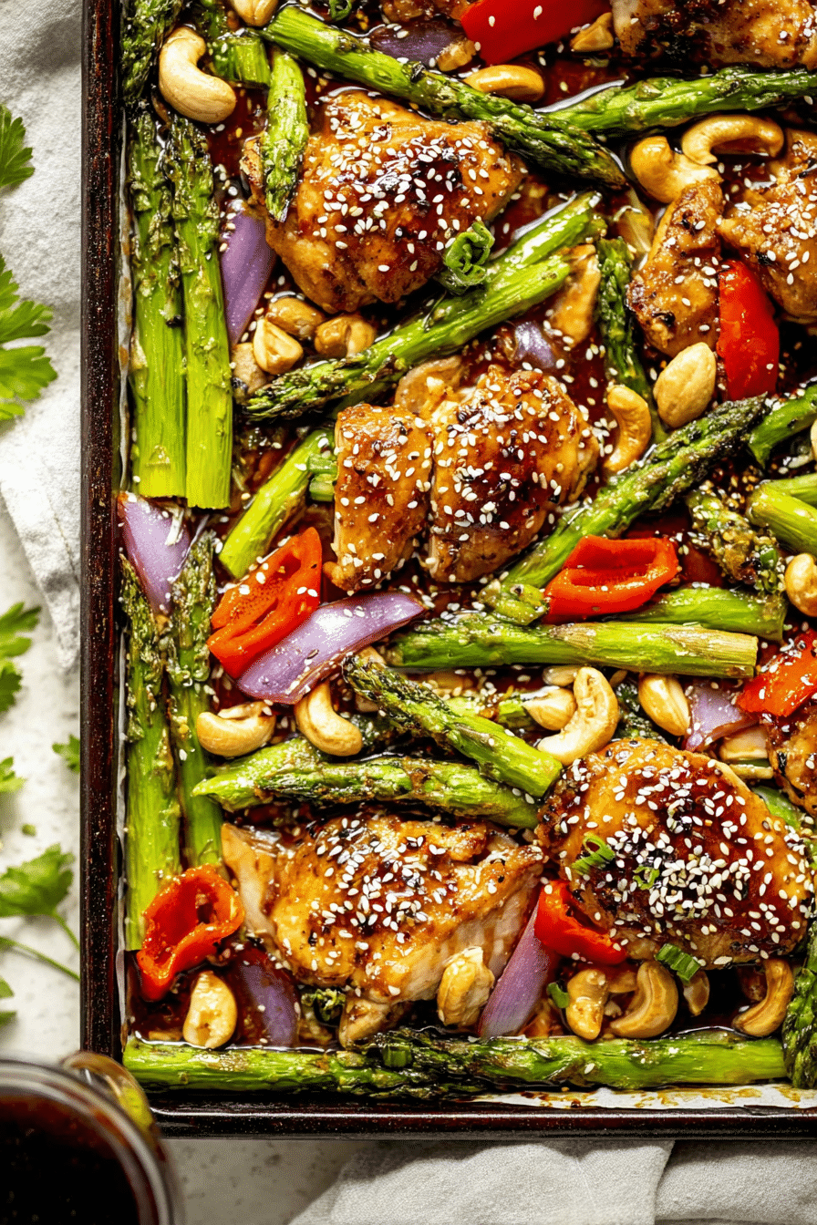 Overhead view of sheet pan sesame chicken with colorful vegetables and sesame seeds garnished with fresh herbs.