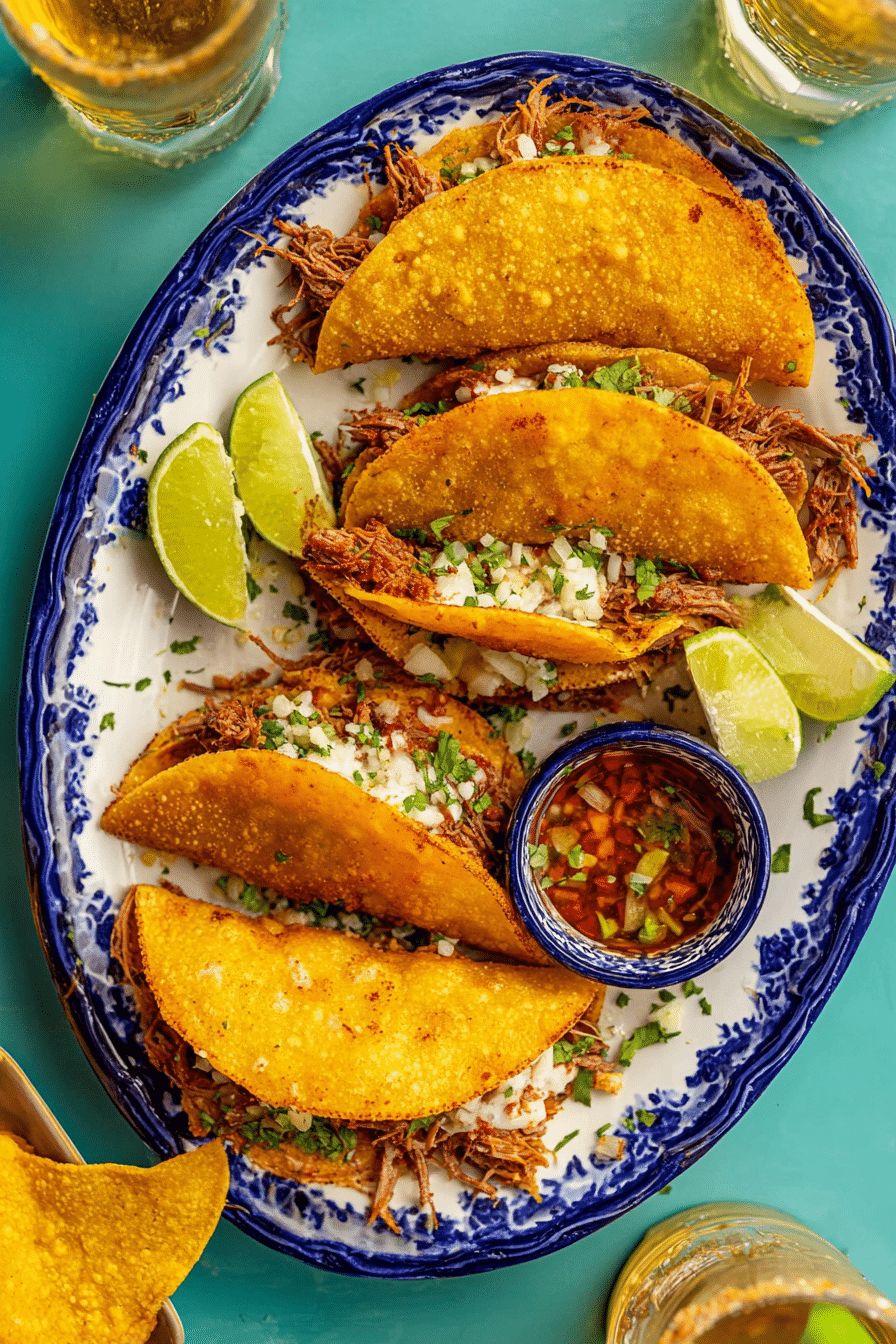 Delicious shortcut beef birria tacos served with cilantro and onions, alongside a bowl of consommé.