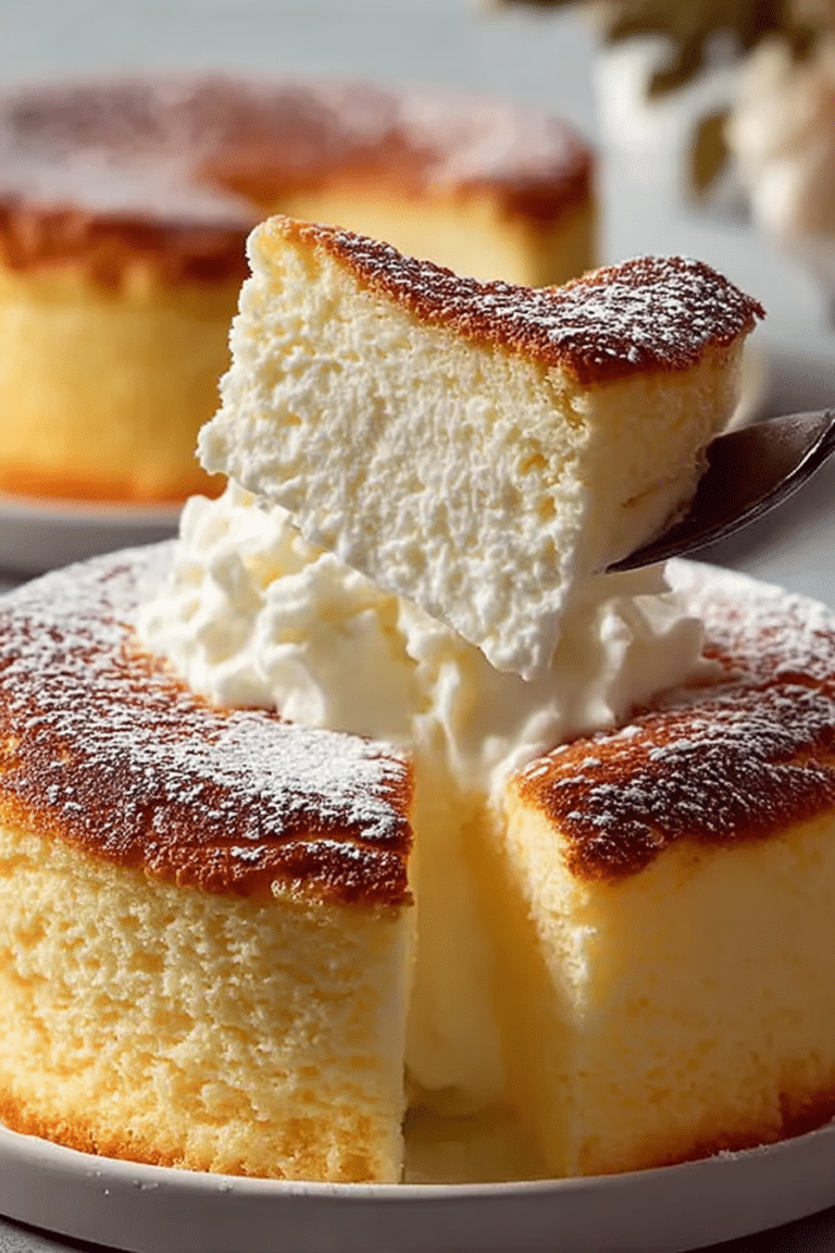 Slice of fluffy viral Japanese cheesecake topped with berries and whipped cream, highlighting its light texture.