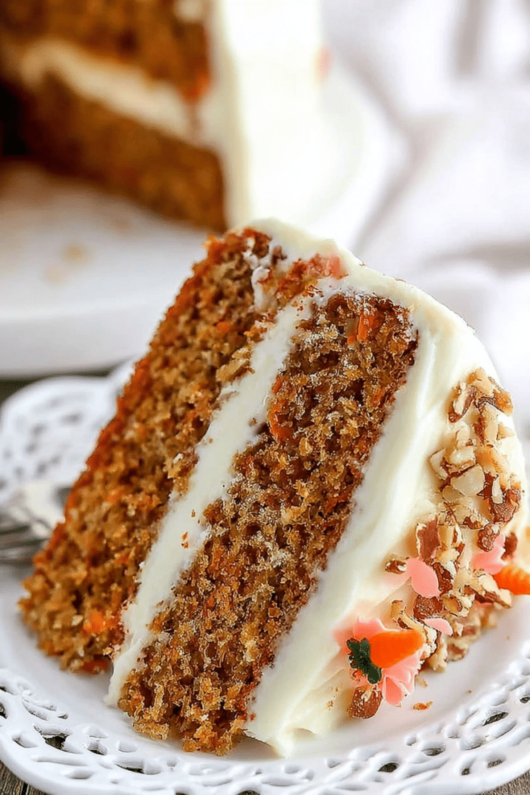 Slice of the best carrot cake with cream cheese frosting on a white plate, garnished with fresh carrots and cinnamon.