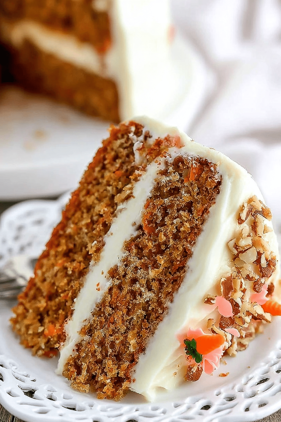 Slice of the best carrot cake with cream cheese frosting on a white plate, garnished with fresh carrots and cinnamon.