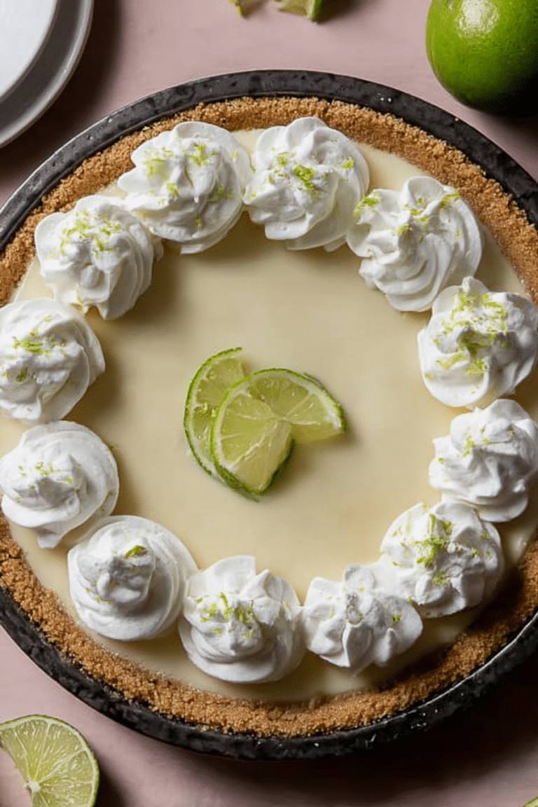 Slice of traditional key lime pie on a white plate, garnished with whipped cream and lime slices.