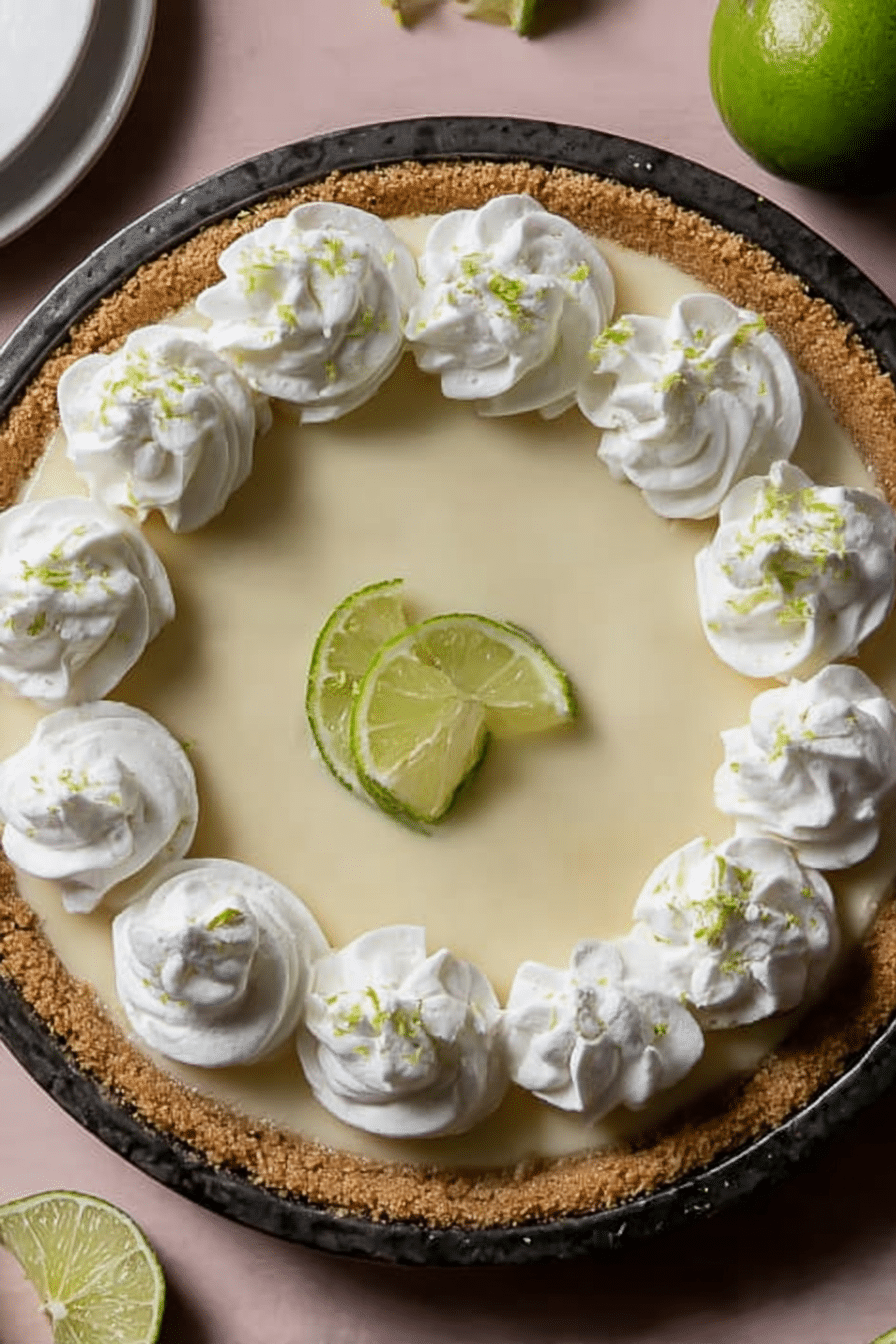 Slice of traditional key lime pie on a white plate, garnished with whipped cream and lime slices.