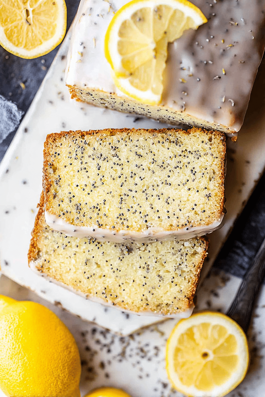 Sliced lemon poppy seed loaf on a cutting board with lemons and mint.