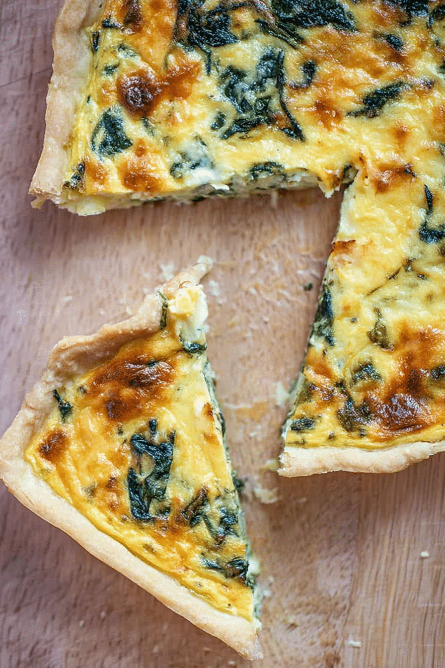 Sliced quiche florentine with spinach and cheese on a wooden table, served with a side salad.