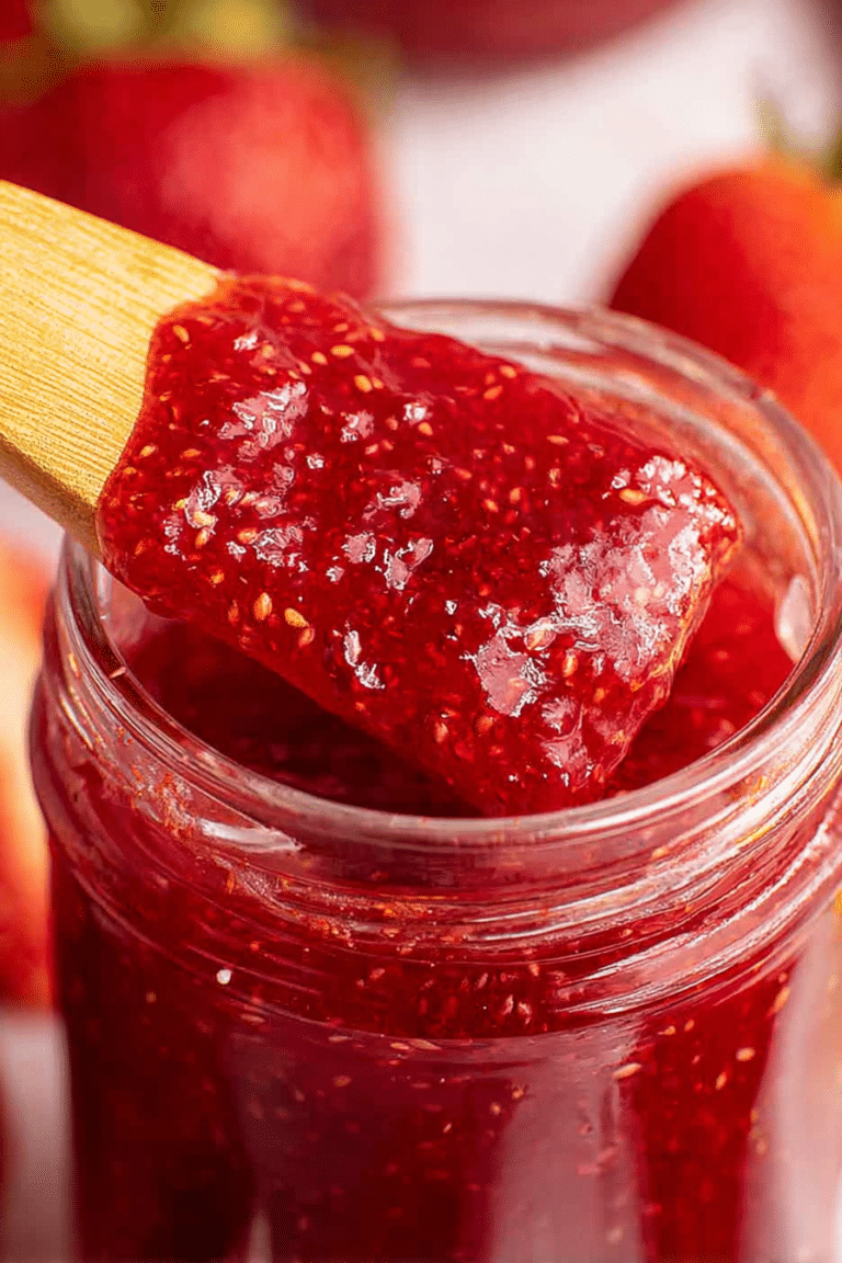 Homemade small batch strawberry jam in a jar with fresh strawberries