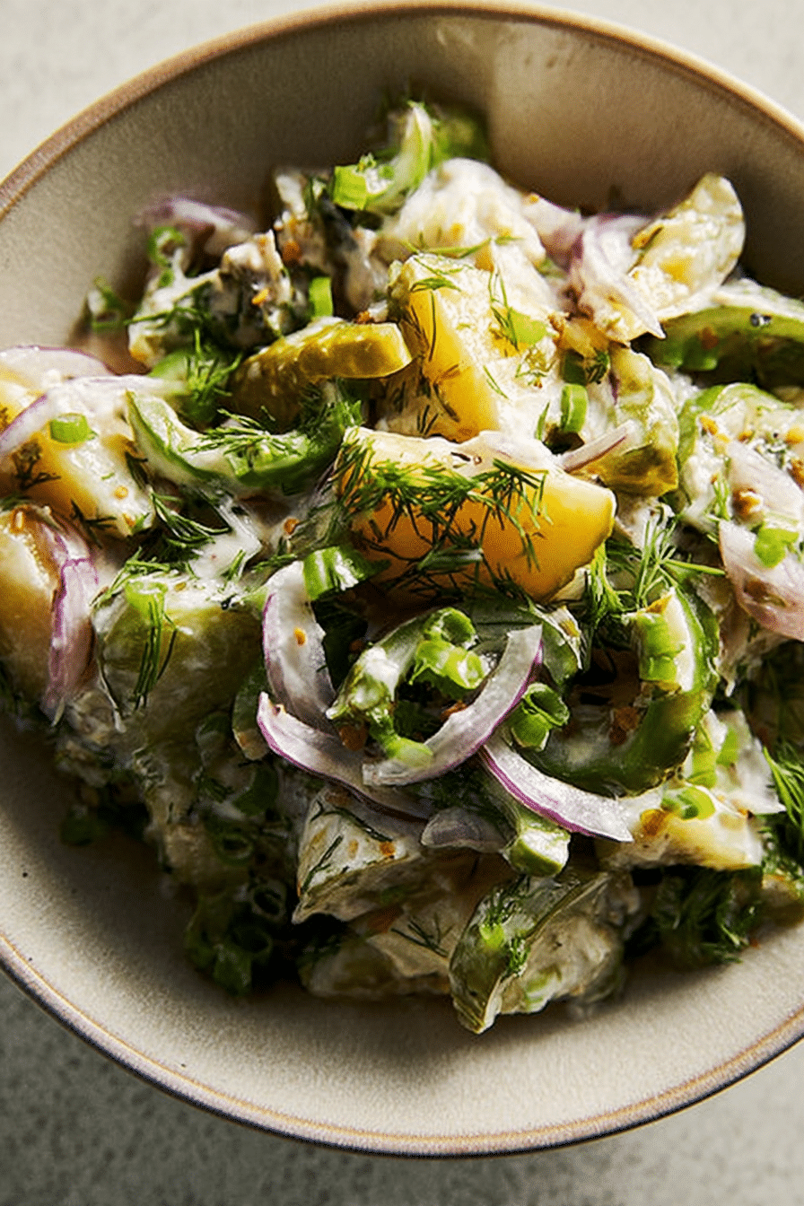 A colorful bowl of smashed pickle salad with dill and red onion on a wooden table.