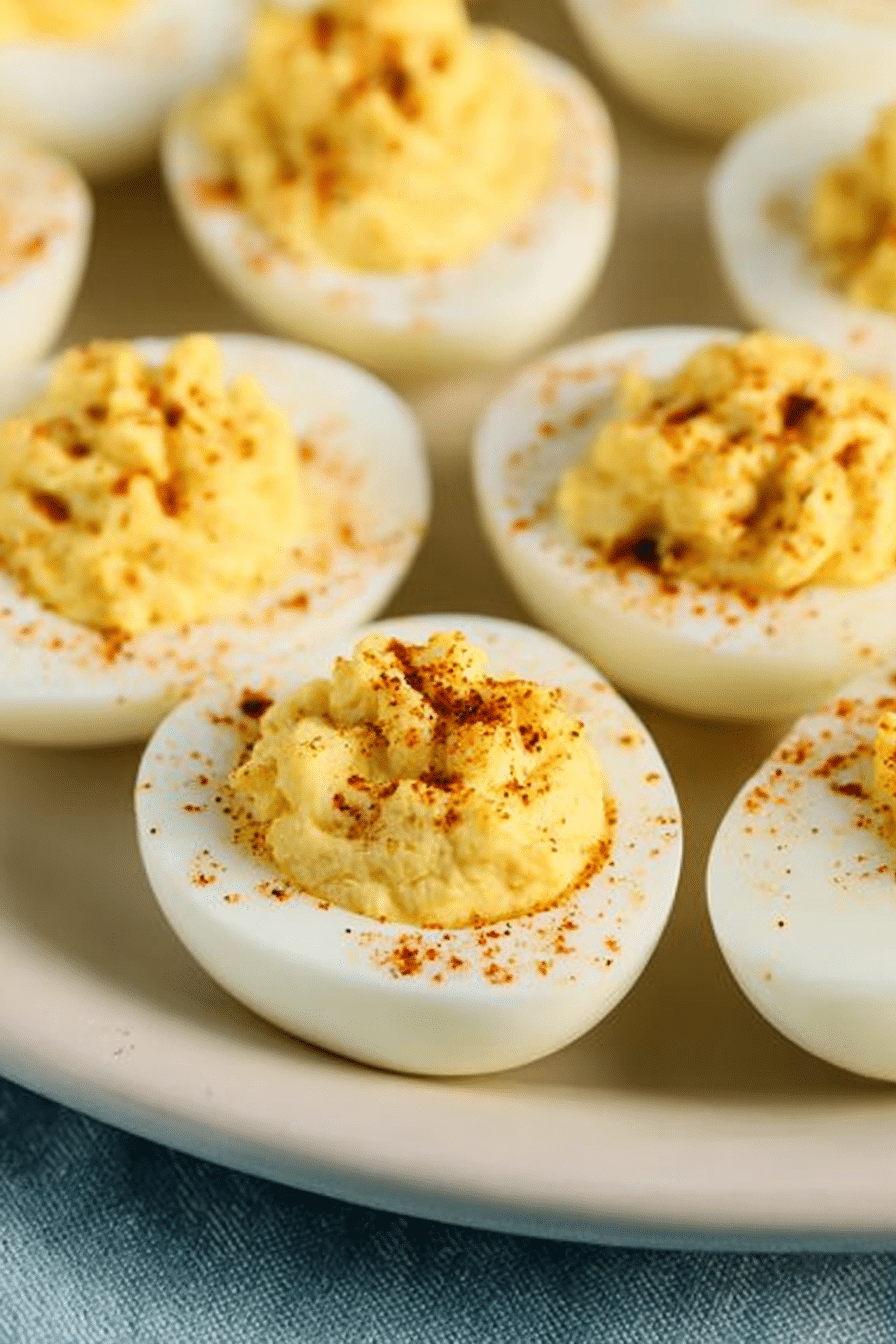Platter of smoked deviled eggs garnished with smoked paprika on a rustic wooden table.