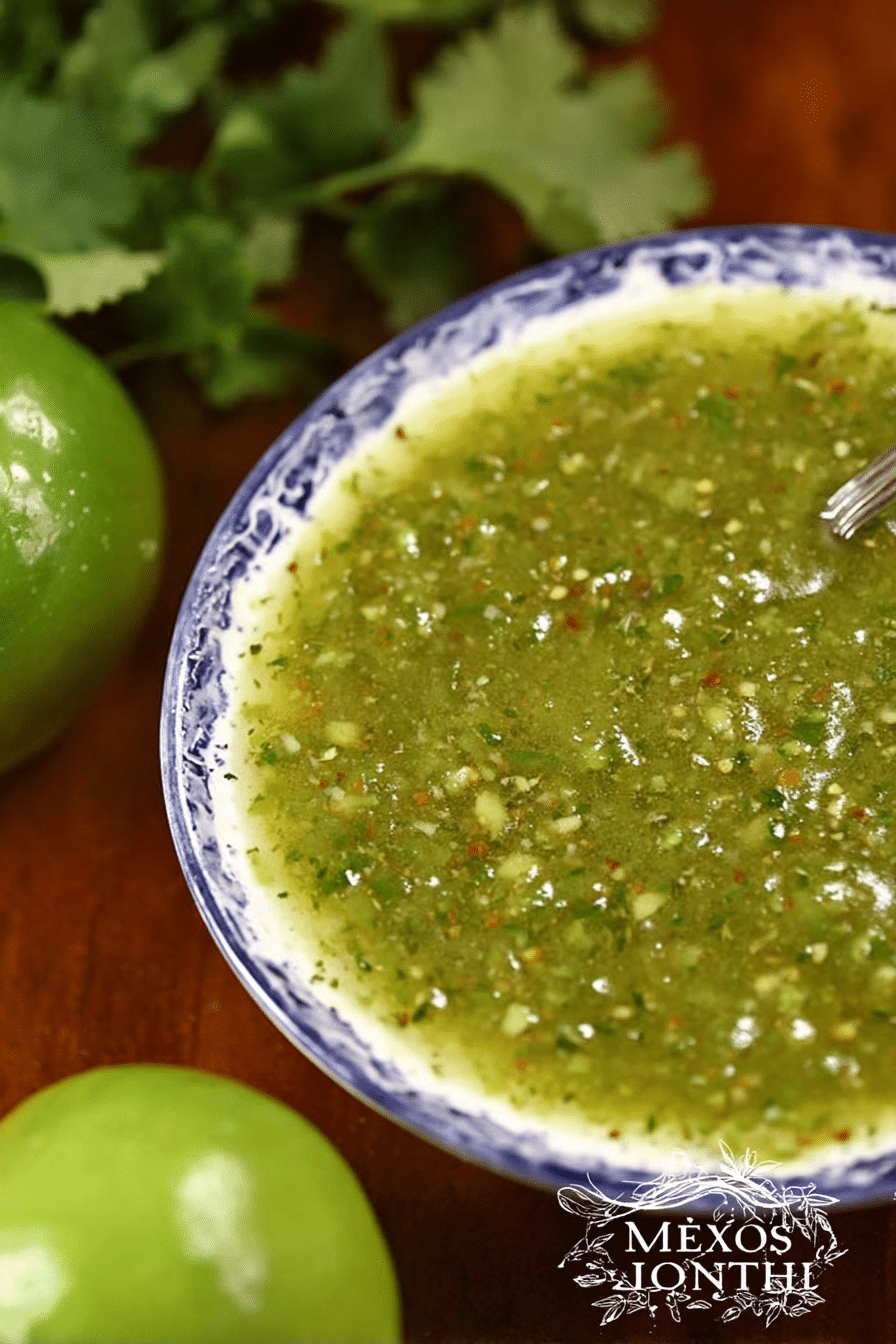 Bowl of spicy tomatillo salsa verde with fresh tomatillos, peppers, and tortilla chips.