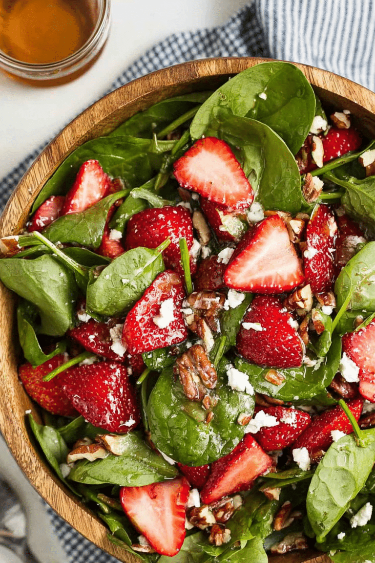 A colorful Spinach Strawberry Salad with strawberries, pecans, feta cheese, and balsamic dressing in a large serving bowl.