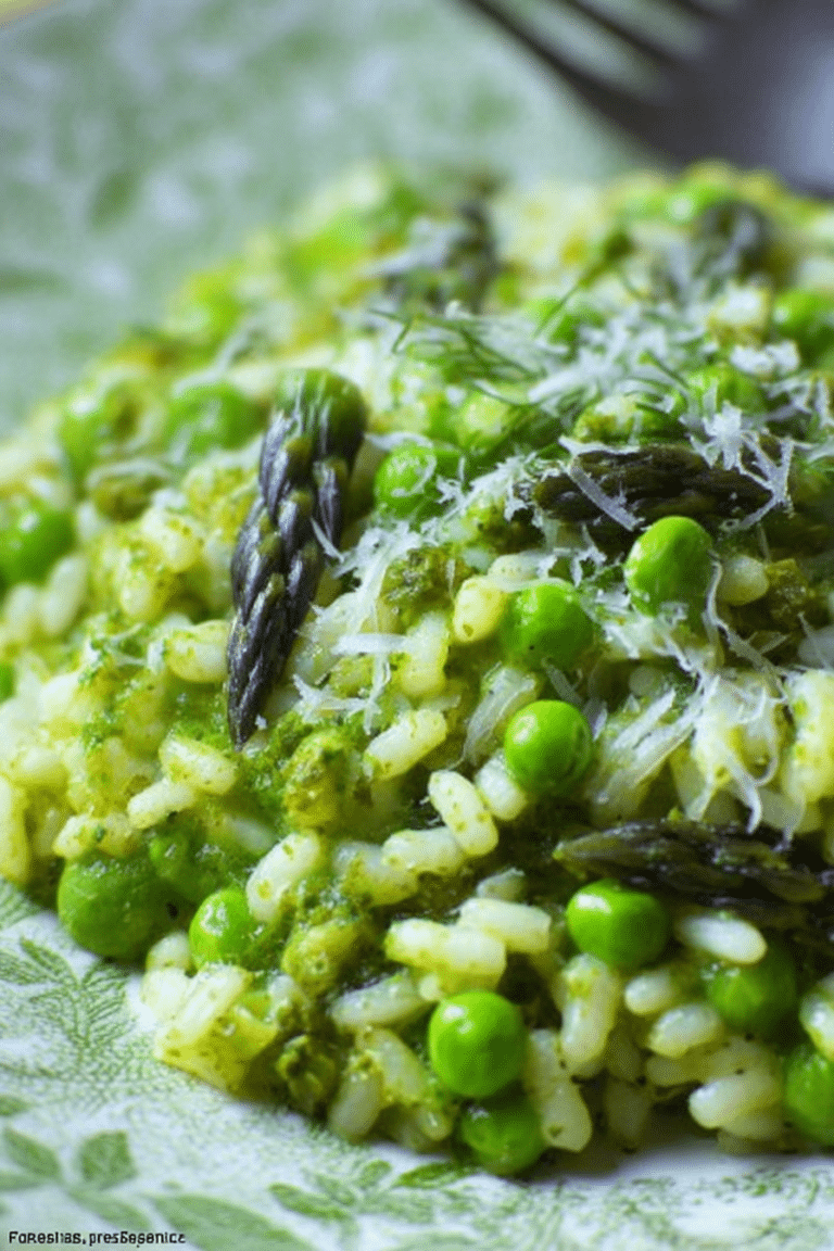A colorful spring green risotto made with peas, asparagus, and topped with parsley and lemon zest.