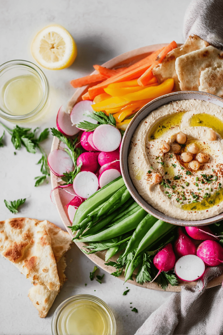Vibrant spring hummus platter with rainbow carrots, sugar snap peas, sliced radishes, and a bowl of creamy hummus topped with olive oil and parsley.