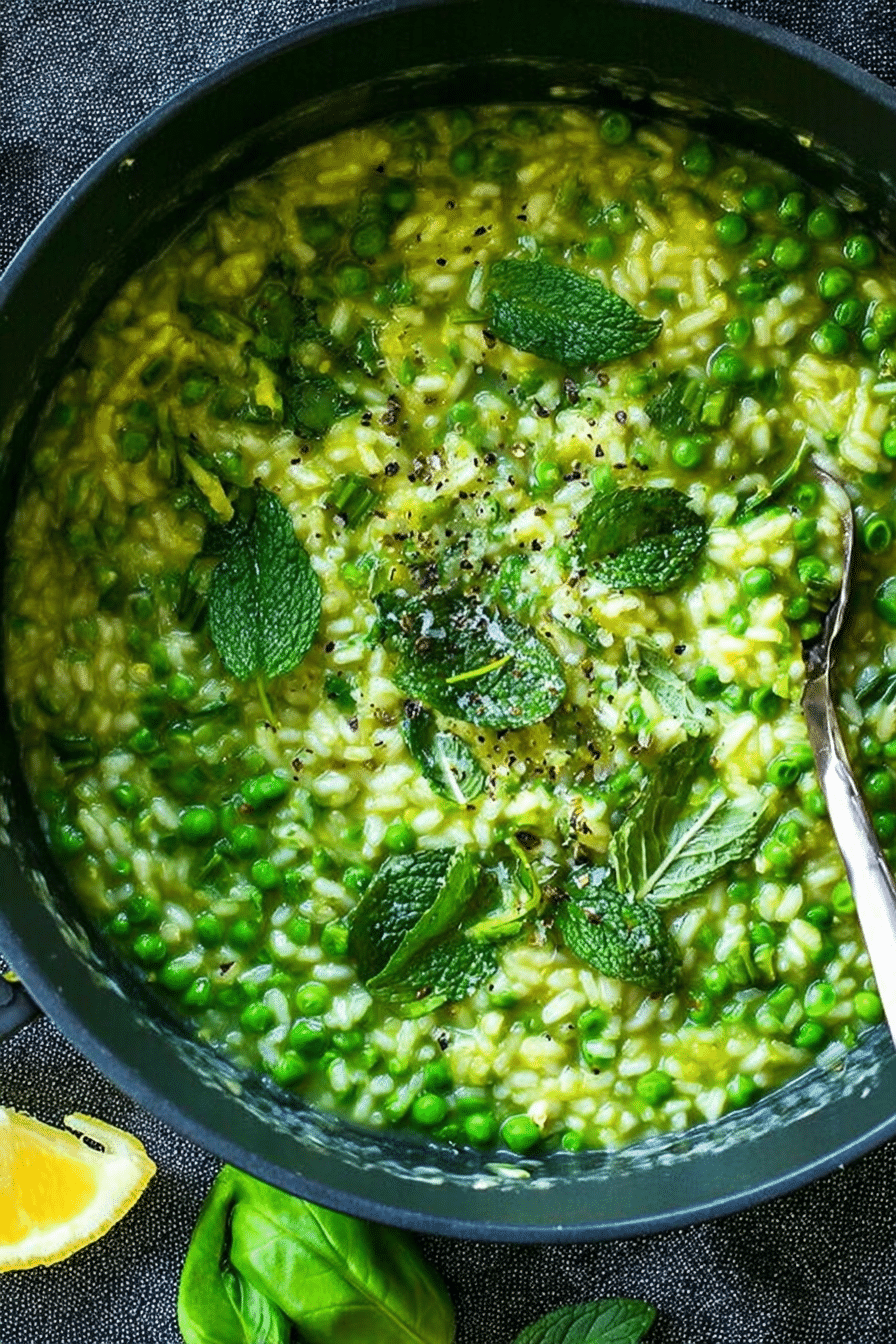 Delicious spring pea risotto with mint and truffle oil served in a bowl on a wooden table.