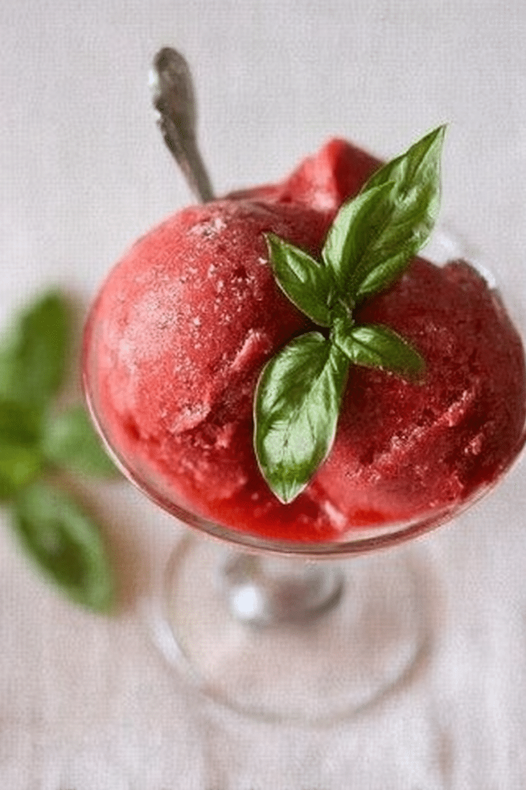 Bowl of strawberry basil sorbet garnished with basil and strawberries