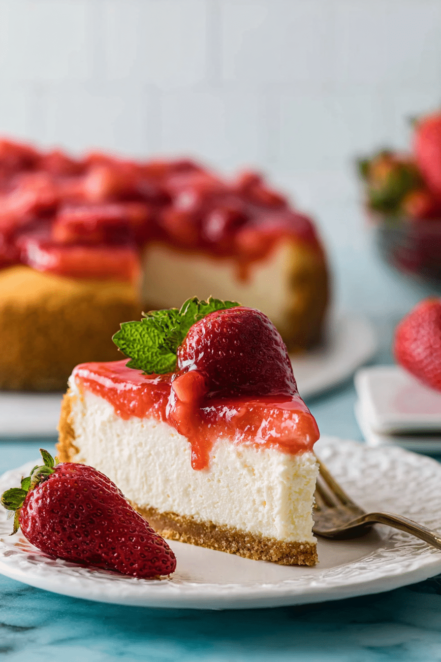 A slice of creamy strawberry cheesecake on a plate with fresh strawberries and sauce, showcasing a delicious dessert.