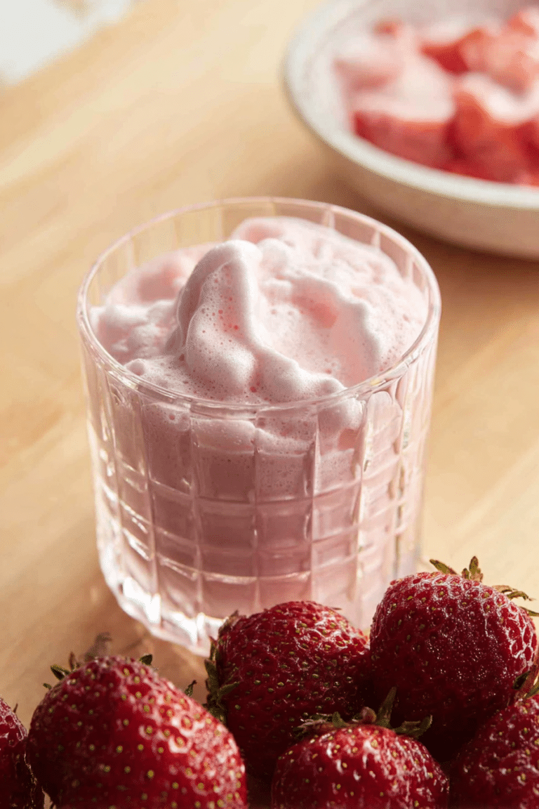 Light and fluffy strawberry cold foam in a glass, garnished with fresh strawberries on a wooden table.
