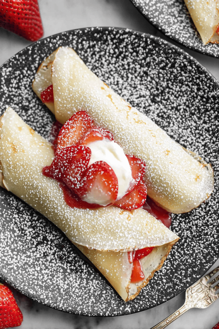 Delicious strawberry crepes topped with fresh strawberries and whipped cream on a decorative plate.
