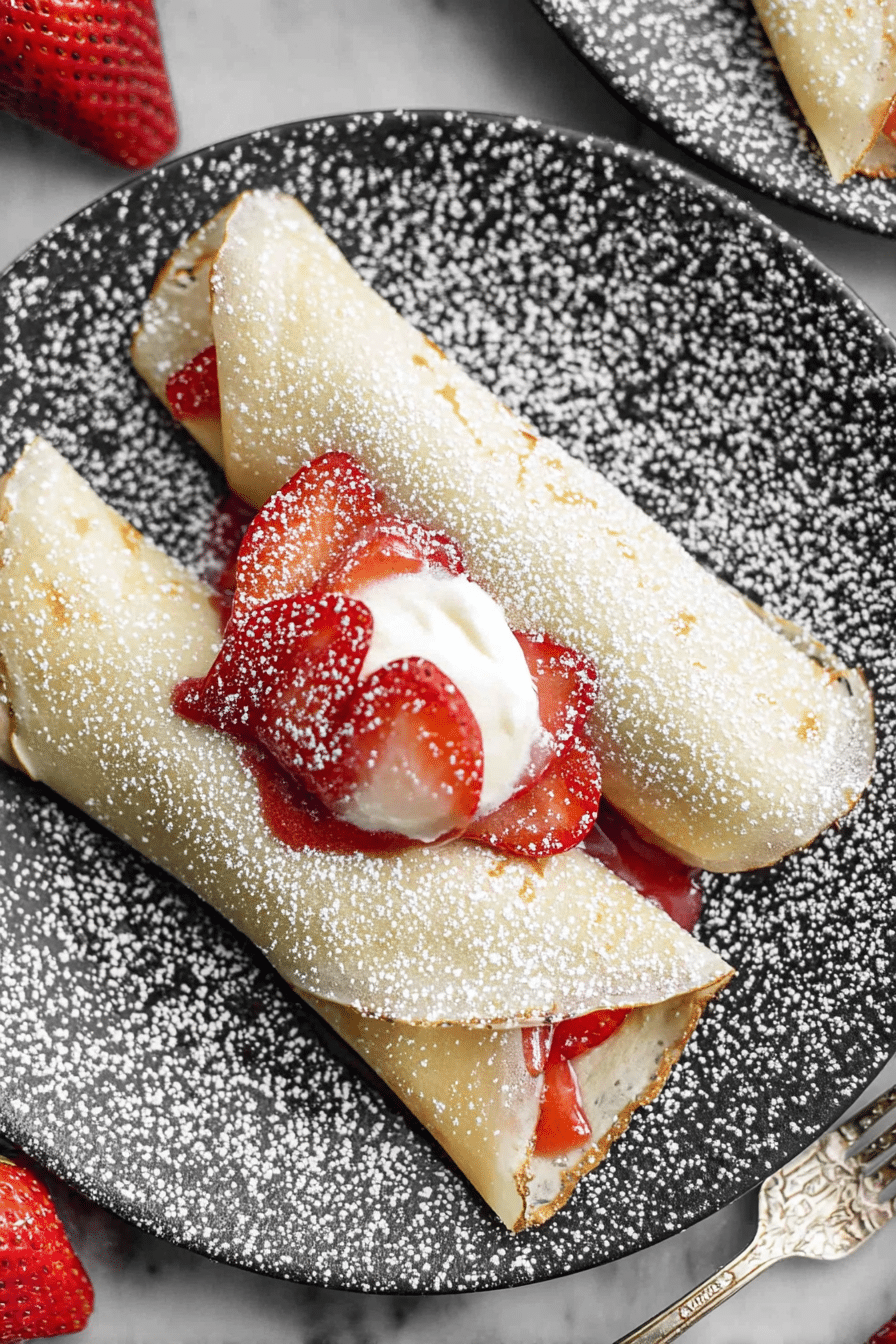 Delicious strawberry crepes topped with fresh strawberries and whipped cream on a decorative plate.