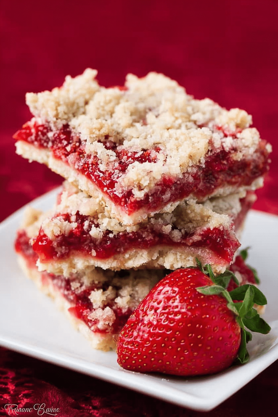 Close-up of freshly baked strawberry crumb bars with powdered sugar and fresh strawberries