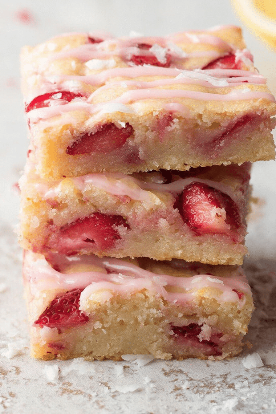 Delicious strawberry lemon blondies with a drizzle of glaze, garnished with fresh strawberries and lemon slices.