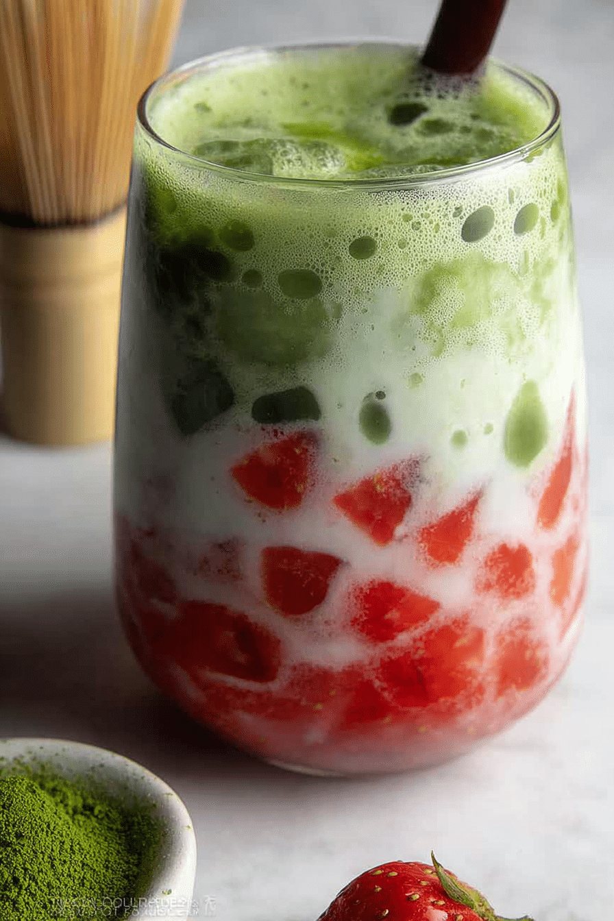 Layered strawberry matcha latte in clear glass with strawberries on top, perfect for summer refreshment.