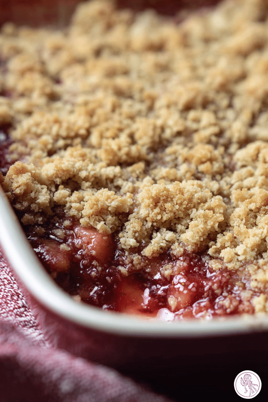 Overhead view of strawberry rhubarb crumble in a dish with a scoop of vanilla ice cream on top and fresh strawberries and rhubarb around it.
