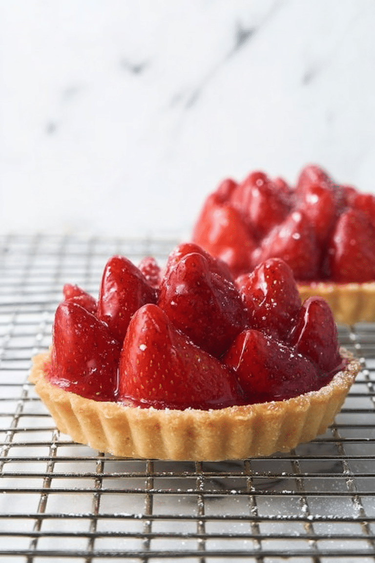 Delicious strawberry tart topped with fresh strawberries and fruit glaze on a wooden table.