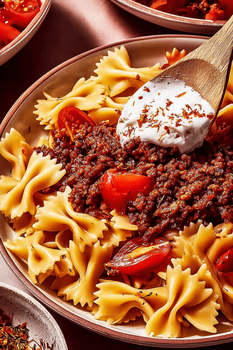 Delicious Turkish pasta topped with yogurt, ground beef, and chili butter drizzle, garnished with cherry tomatoes and mint.