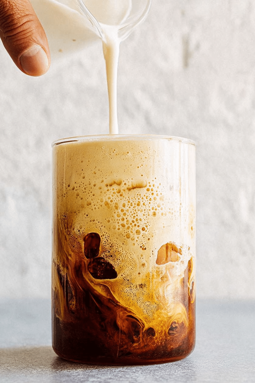 Rich vanilla sweet cream cold foam coffee in a glass with vanilla syrup drizzle on a rustic wooden table.