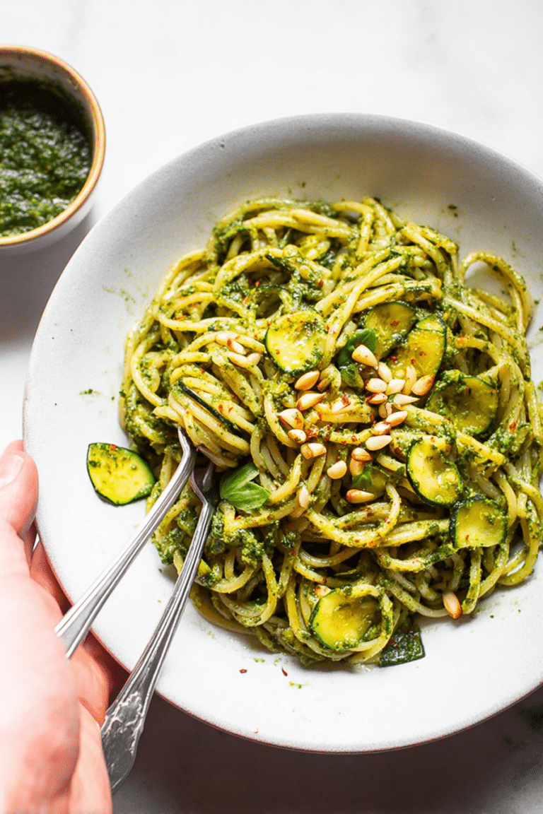 Vegan wild garlic pesto pasta with sautéed courgette slices and nuts, served in a rustic bowl.