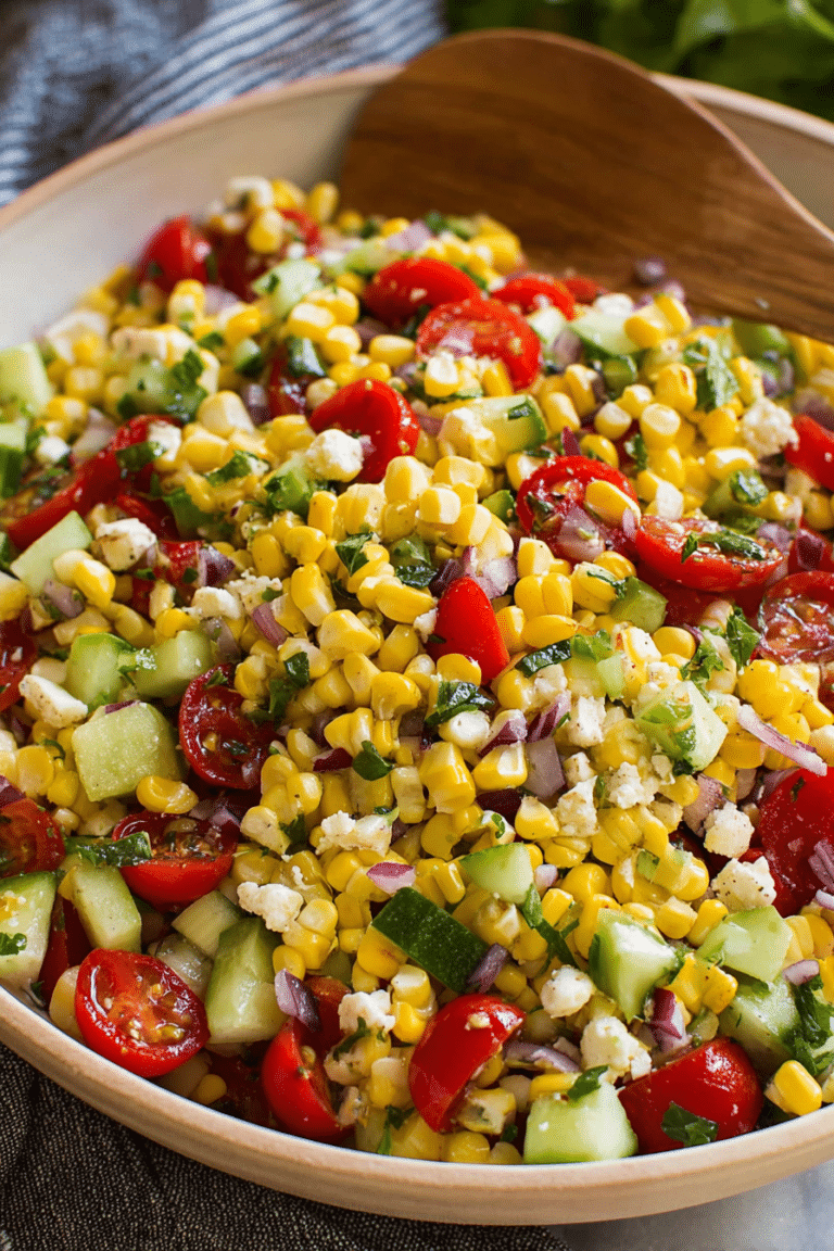 Bowl of vibrant corn salad with tomatoes, cucumber, and feta cheese on a picnic table.