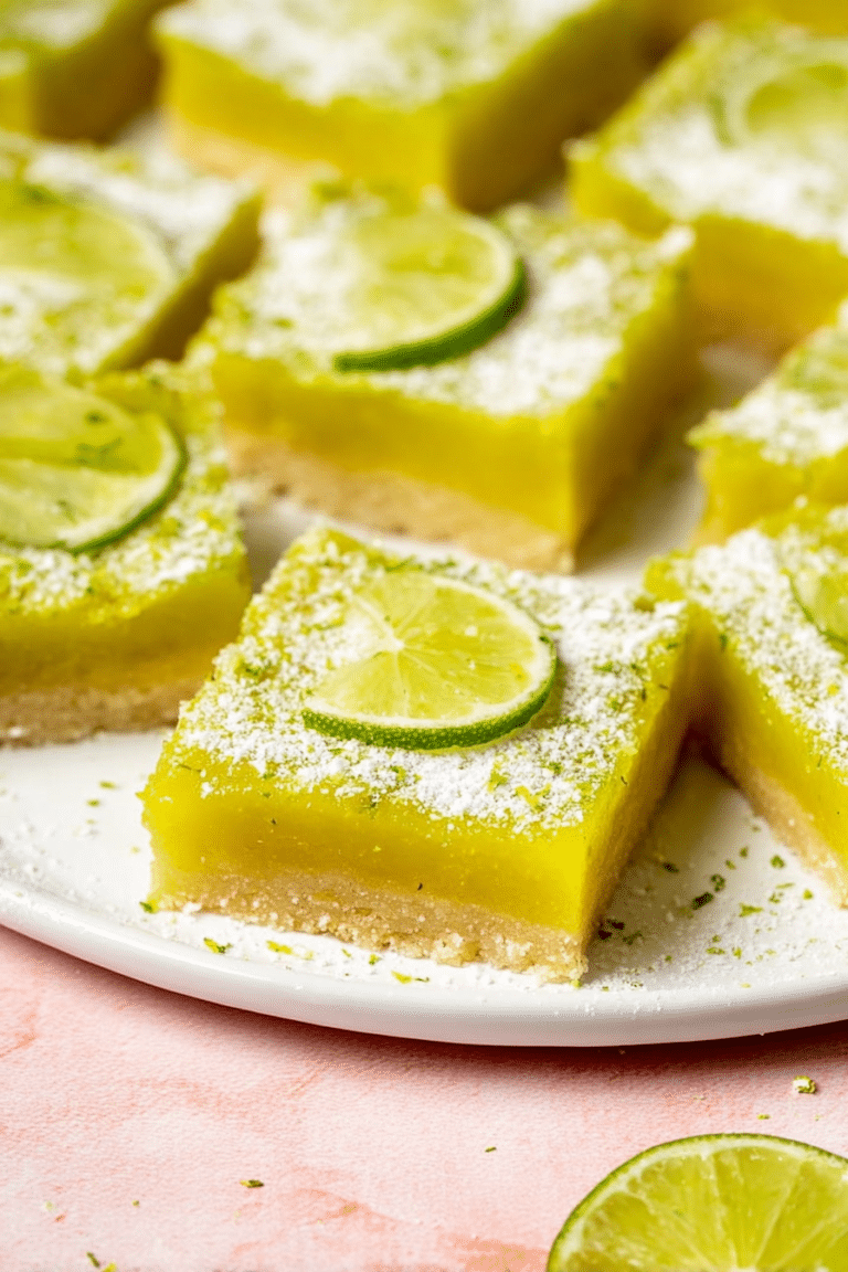 Delicious vibrant lime bar dusted with powdered sugar and garnished with lime zest on a wooden table surrounded by fresh limes.