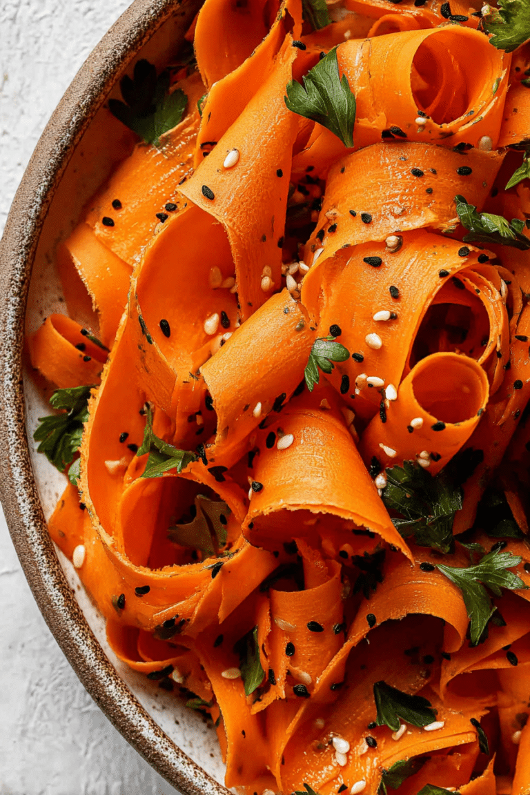 Vibrant raw carrot salad with herbs and sesame seeds served in a rustic bowl