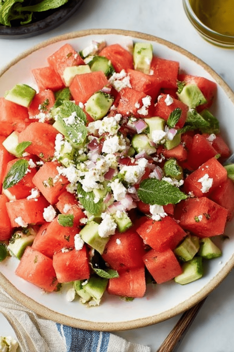 Fresh watermelon salad with feta cheese and mint, arranged on a platter, ideal for summer dining.