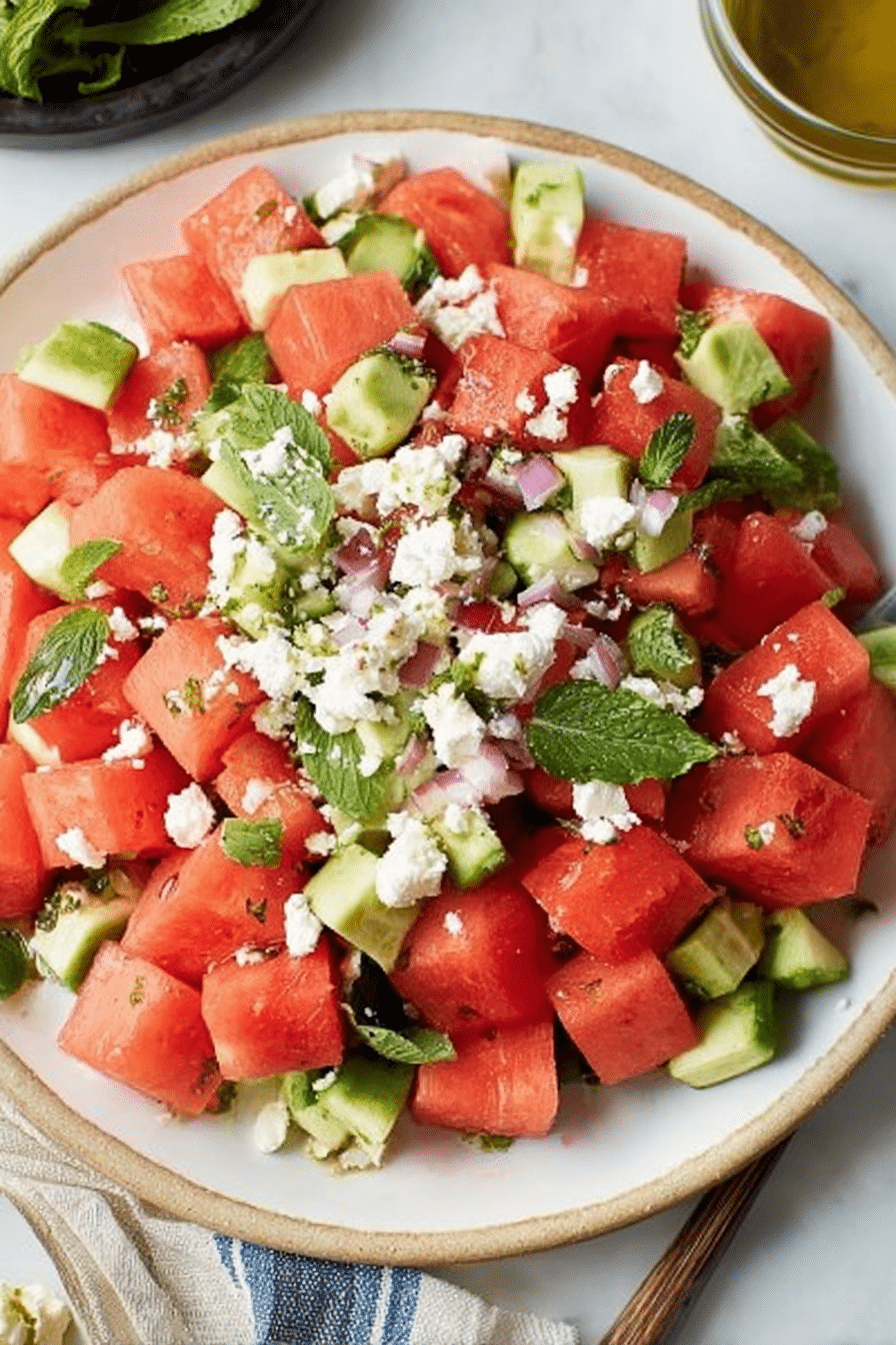 Fresh watermelon salad with feta cheese and mint, arranged on a platter, ideal for summer dining.