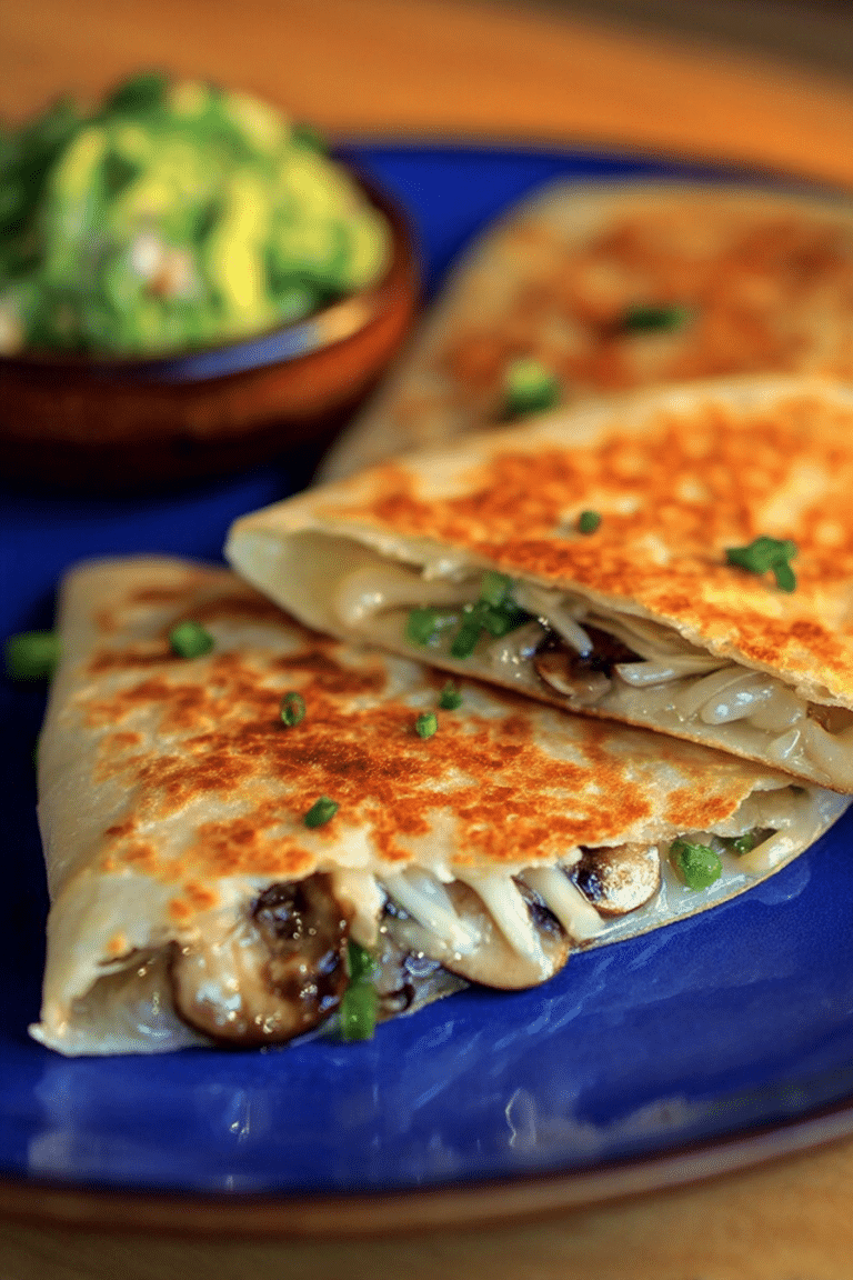 Delicious wild mushroom quesadilla filled with gooey cheese and fresh herbs on a wooden table.