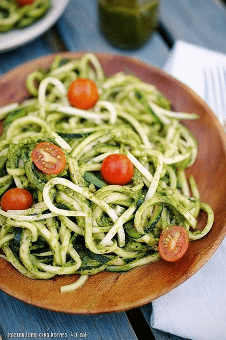 Bowl of zucchini noodles with pesto and cherry tomatoes on a wooden table