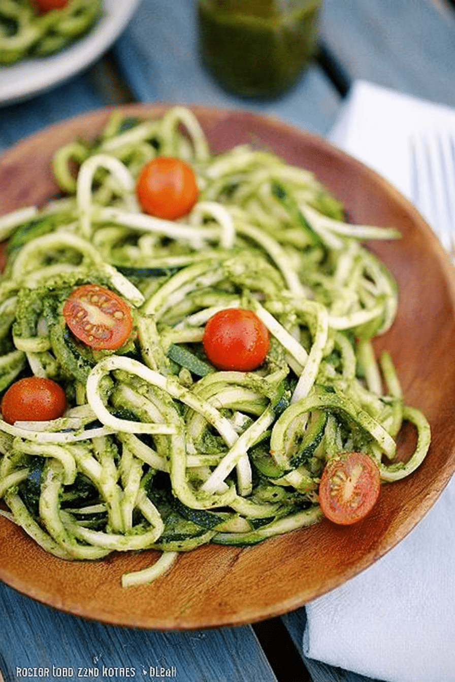 Bowl of zucchini noodles with pesto and cherry tomatoes on a wooden table
