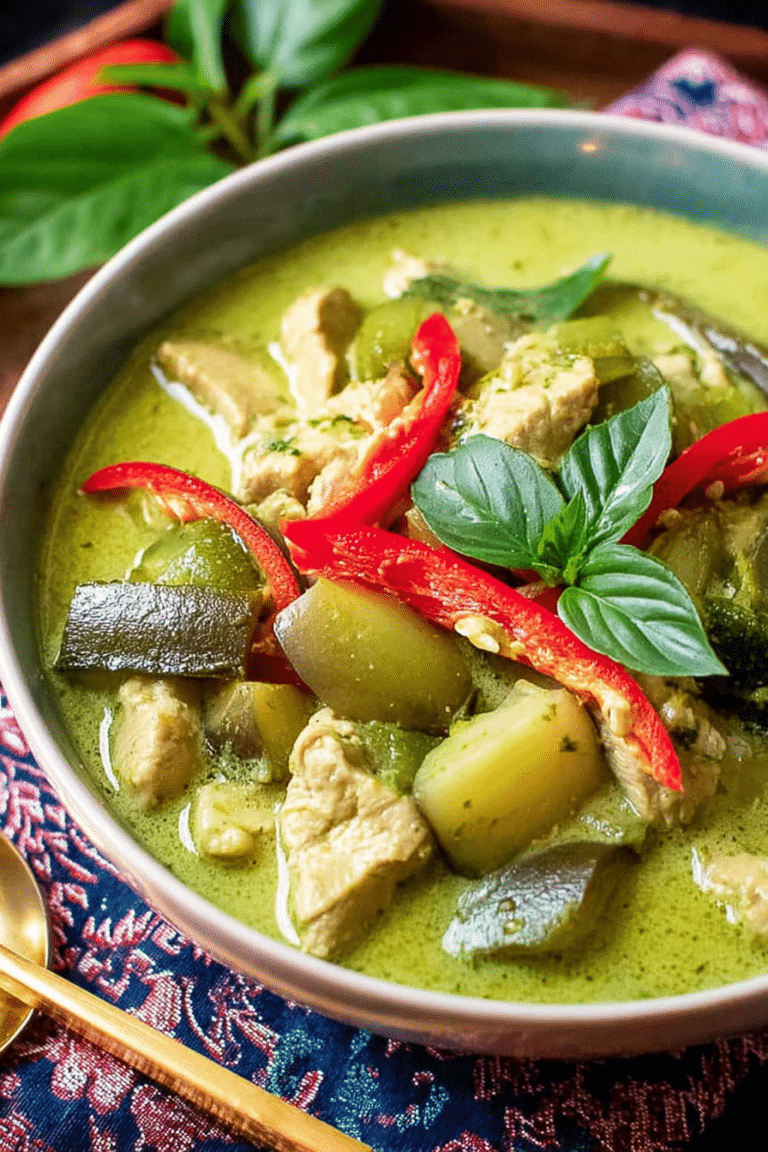 Delicious and colorful authentic Thai green curry chicken with Thai basil and red bell pepper, served with jasmine rice.