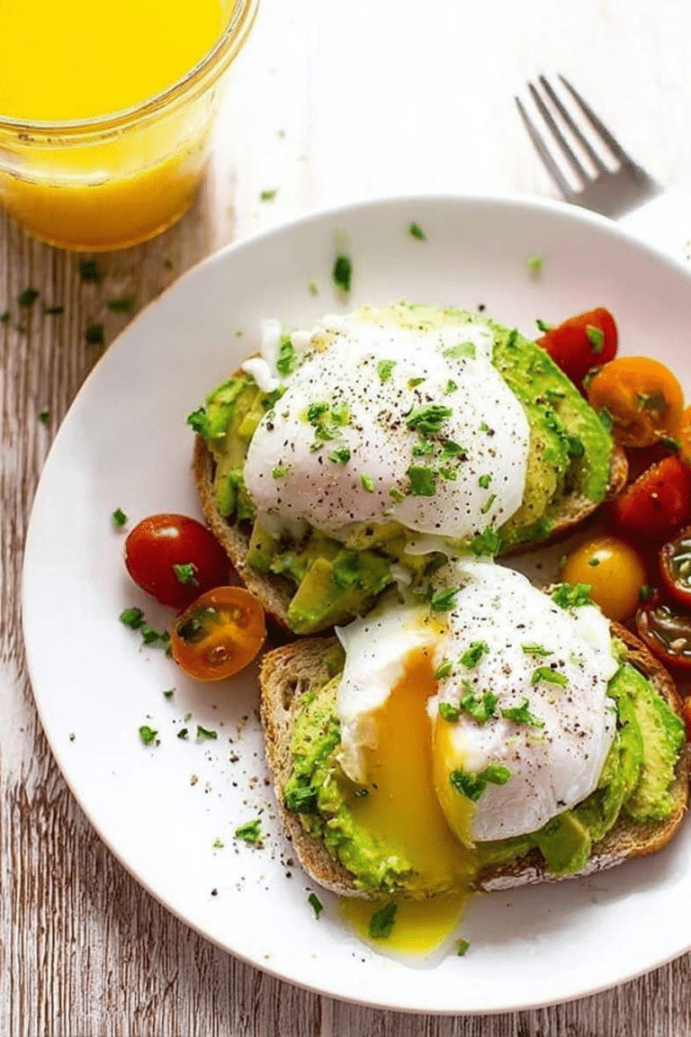 Close-up of avocado toast with poached egg, garnished with herbs and cherry tomatoes.