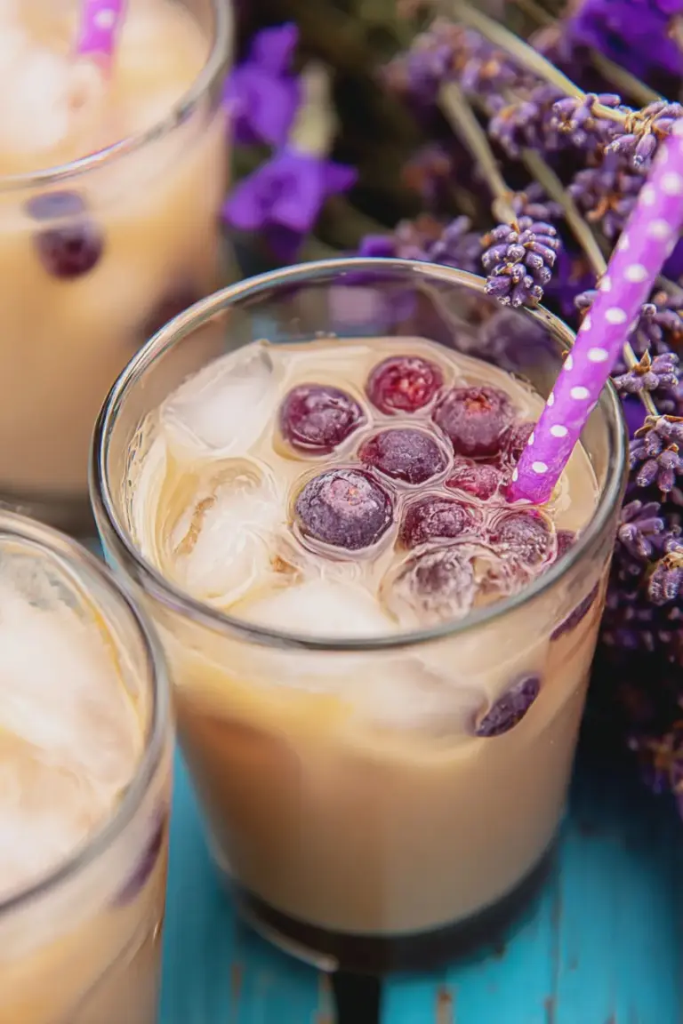 Refreshing Blueberry Lavender Haze Cold Brew with blueberries and lavender garnish in an outdoor setting