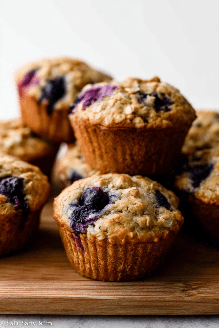 Freshly baked blueberry oatmeal muffins on a wooden table with fresh blueberries.