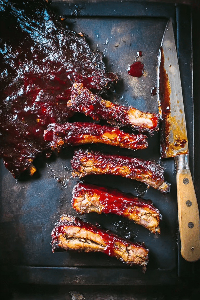Delicious bourbon-honey glazed ribs served on a wooden board with herbs and BBQ sauce.