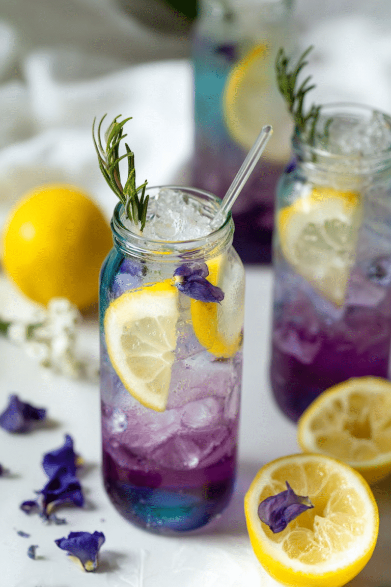 Refreshing butterfly pea tea lemonade in a glass with ice and lemon garnishes.